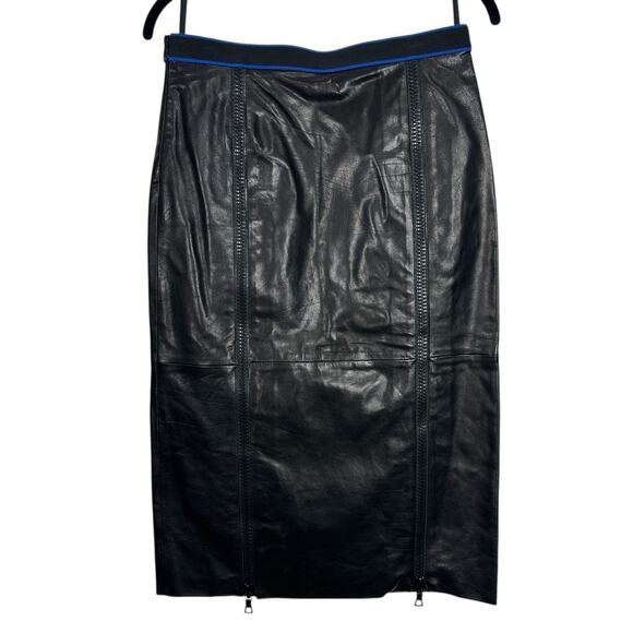 Miu Miu Black Leather Pencil Skirt 38 Blue Trim Italy Genuine Designer Midi Y2K - Picture 2 of 14